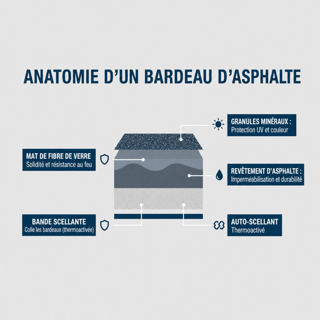 Diagramme illustrant l'anatomie d'un bardeau d'asphalte, notamment son revêtement en fibre de verre et ses granules minéraux.