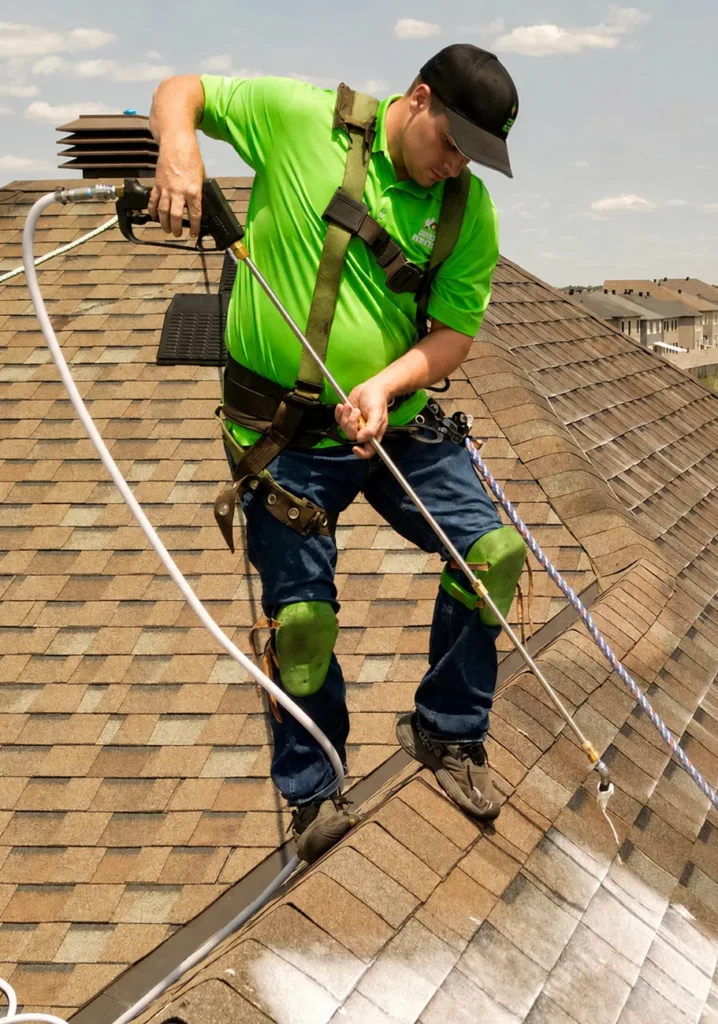 Technician applying RoofRestor roof rejuvenation treatment on asphalt shingles in Ottawa to restore instead of replace