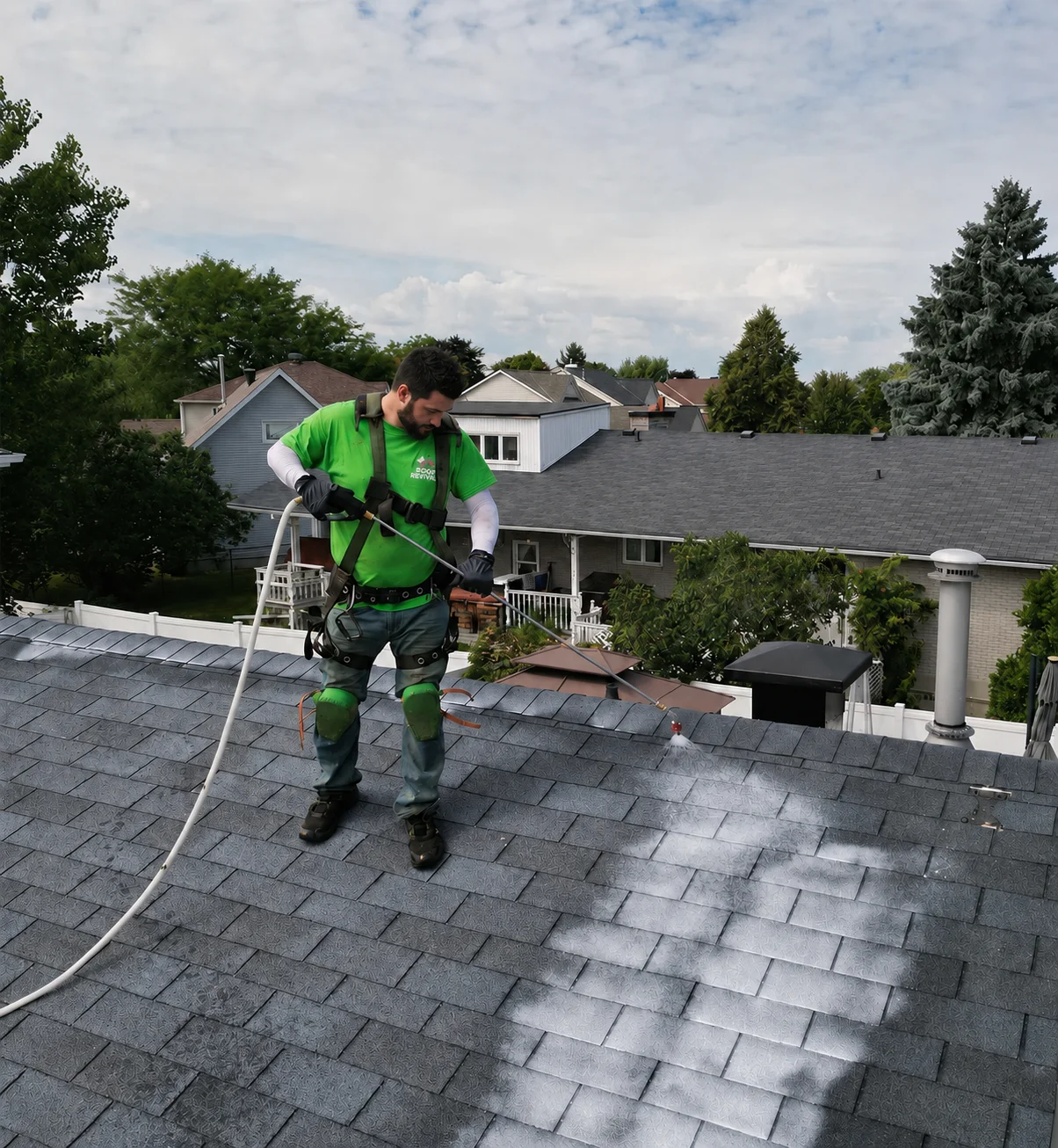 Professional roof rejuvenation treatment being applied to asphalt shingles in Ottawa