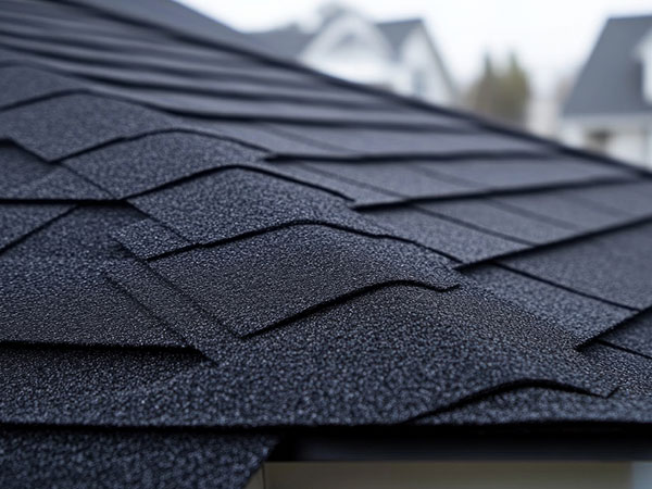 Durable black asphalt shingle roof with sturdy overlapping panels in suburban setting