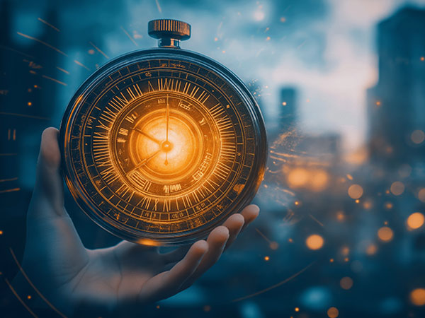 A person holds a glowing time device